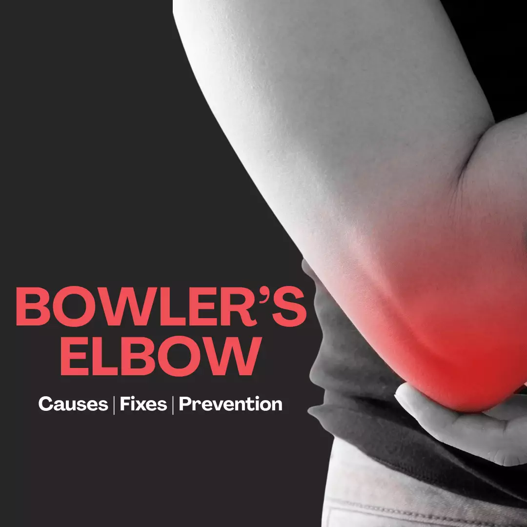 Informational graphic showing bowler’s elbow with an inflamed red-highlighted elbow and text summarizing causes, treatment, and prevention on a dark background