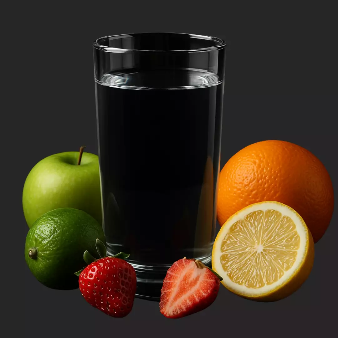 A clear glass of water surrounded by fresh fruits including lemon, orange, lime, strawberry, and green apple, set against a black background.