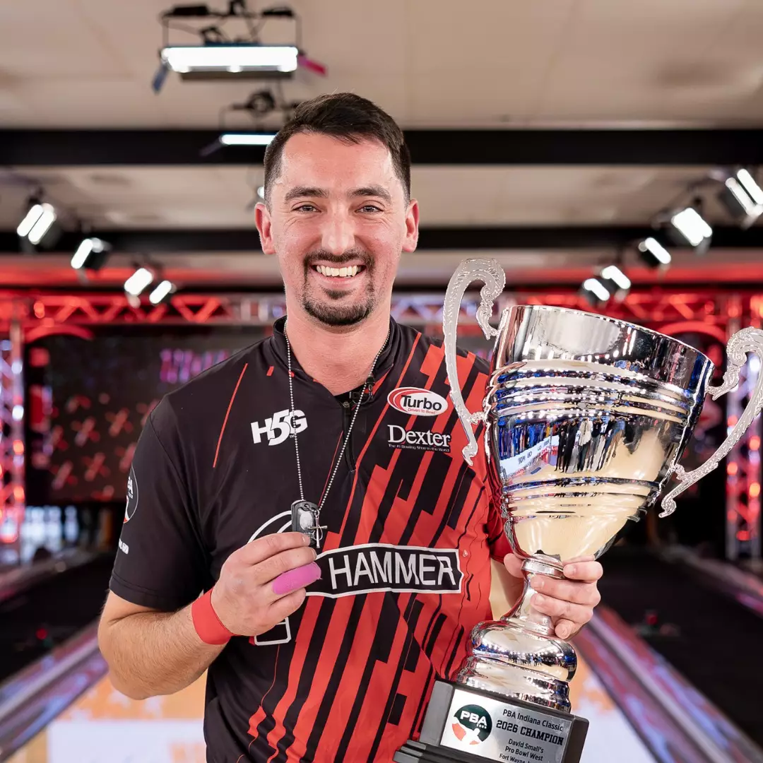 Marshall Kent holding the PBA Indiana Classic trophy after his record-breaking 152-136 victory at David Small’s Pro Bowl West.