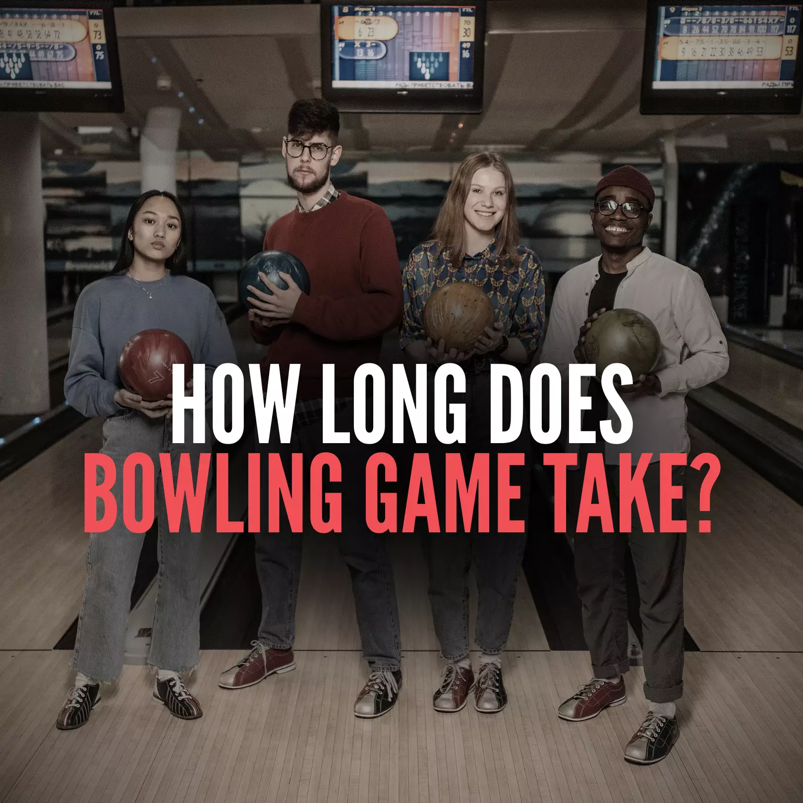 Four bowlers sharing a lane during a game of tenpin bowling