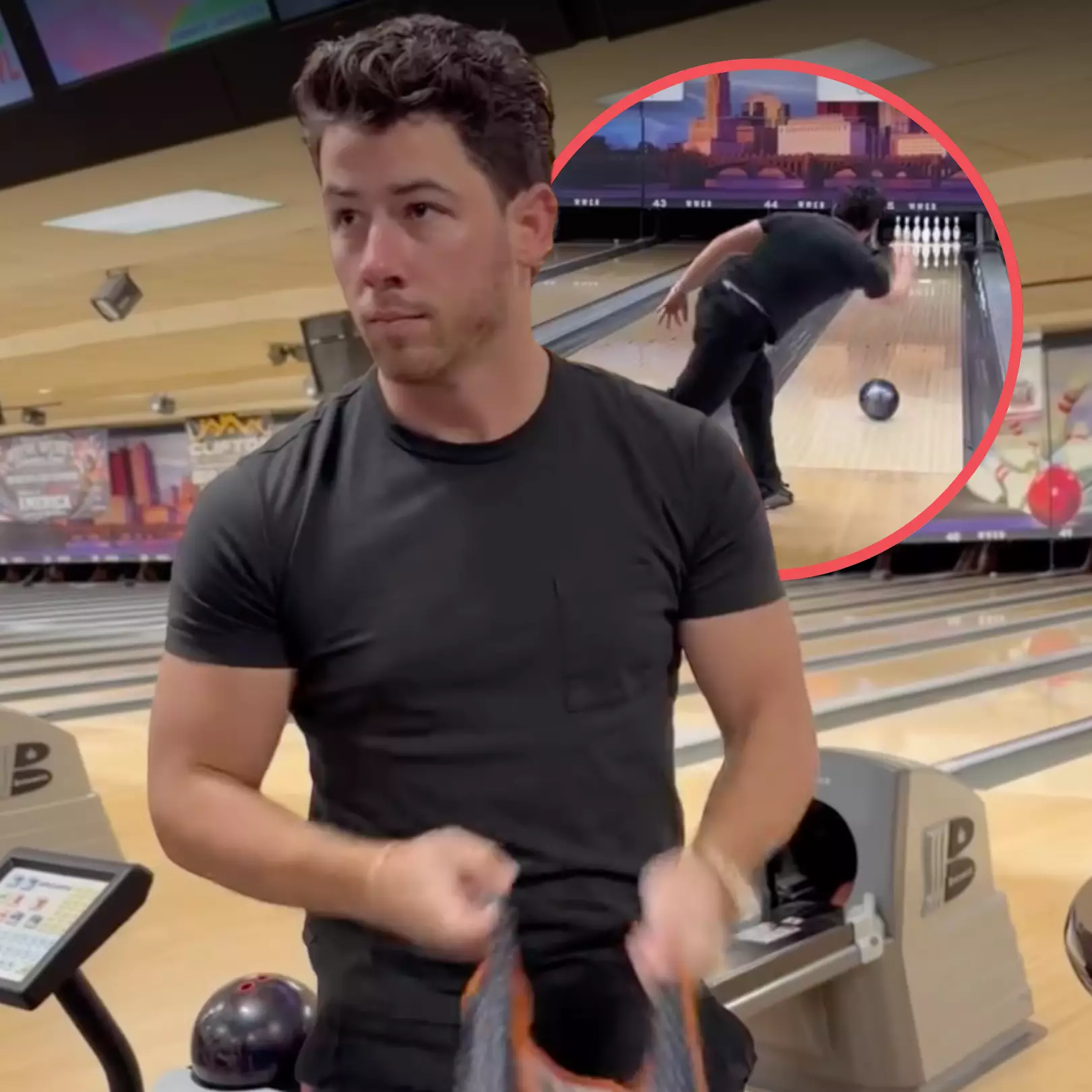 Nick Jonas bowling at a bowling center in Ohio, from his Instagram reel