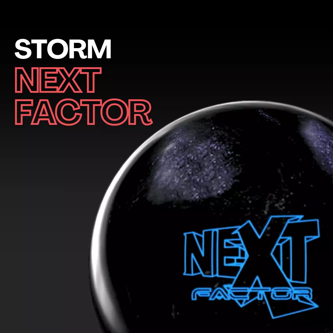 Storm Next Factor bowling ball with R3S Pearl cover and RAD-TQ core delivering angular backend motion on medium oil lanes